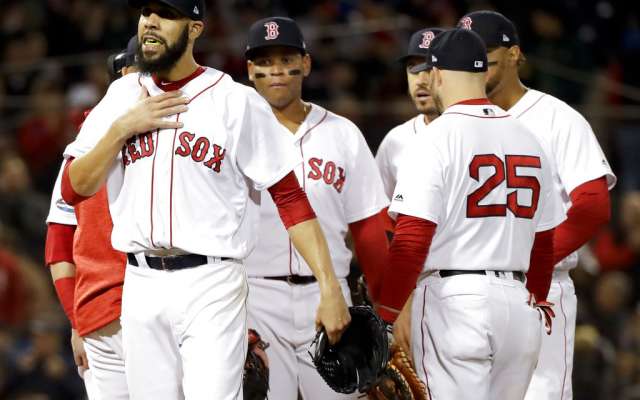 Boston Red Sox starting pitcher David Price is taken out of the game against the Houston Astros during the fifth inning in Game 2 of a baseball American League Championship Series on Sunday, Oct. 14, 2018, in Boston. (AP Photo/David J. Phillip)