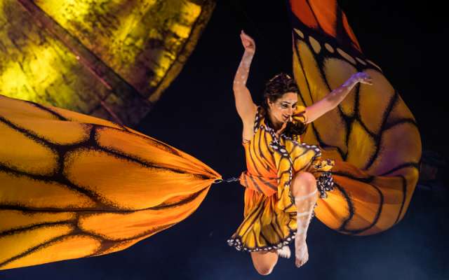 A través de una serie de sorpresas visuales y actuaciones acrobáticas Luzia llevó al público a un viaje surrealista a través de un mundo vibrante y suntuoso