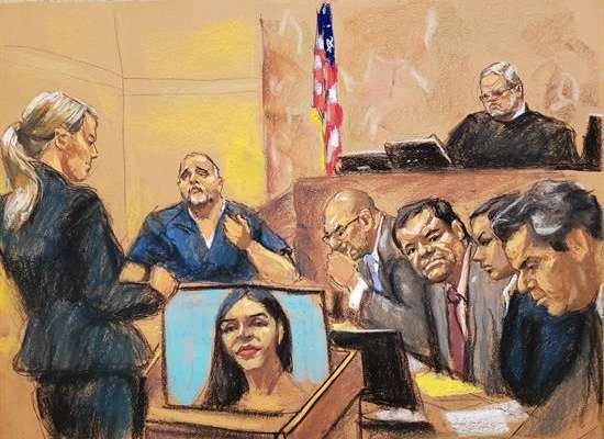 Dibujo de juicio de Joaquín 'El Chapo' Guzmán en la ciudad de Nueva York. Ilustración EFE
