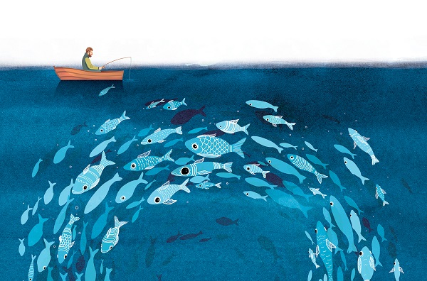 En México, más del 88 por ciento de las poblaciones de peces están sobreexplotadas,
siendo el camarón la más expuesta a estos
peligros. Algunos productores, restauranteros y chefs están trabajando para disminuir riesgos y fomentar su cuidado. ILUSTRACIÓN: ALLAN G. RAMÍREZ