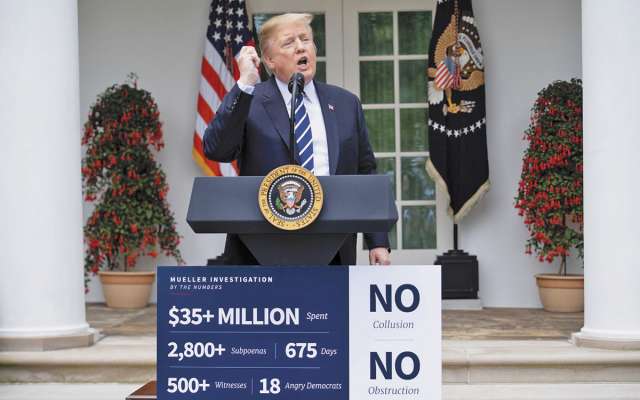 Trump mostró
estadísticas
del costo de la
investigación de
Robert Mueller.FOTO: ESPECIAL