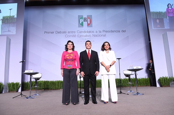 Ivonne Ortega, Alejandro Moreno Cárdenas y Lorena Piñón, candidatos a la dirigencia nacional del PRI, para el periodo estatutario 2019-2023. Foto: Cuartoscuro