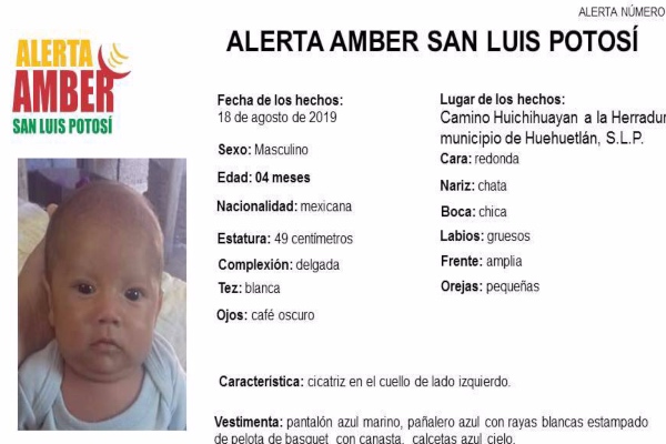 El recién nacido identificado como Luis Fernando Perales Alonso tiene cabello color castaño claro, ojos café oscuros y una cicatriz en el cuello de lado izquierdo. Foto: Twitter
