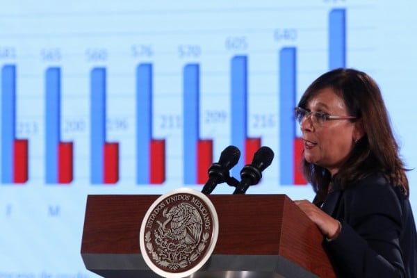 Rocío Nahle, secretaria de Energía, durante la conferencia de prensa matutina para informar sobre la producción de Petróleos Mexicanos (PEMEX), así como el mantenimiento de los equipos y plataformas. Foto: Cuartoscuro
