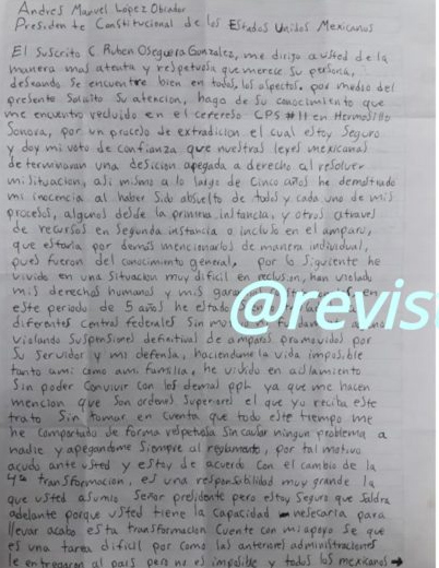 Carta de El Menchito a AMLO. Foto: Proceso.