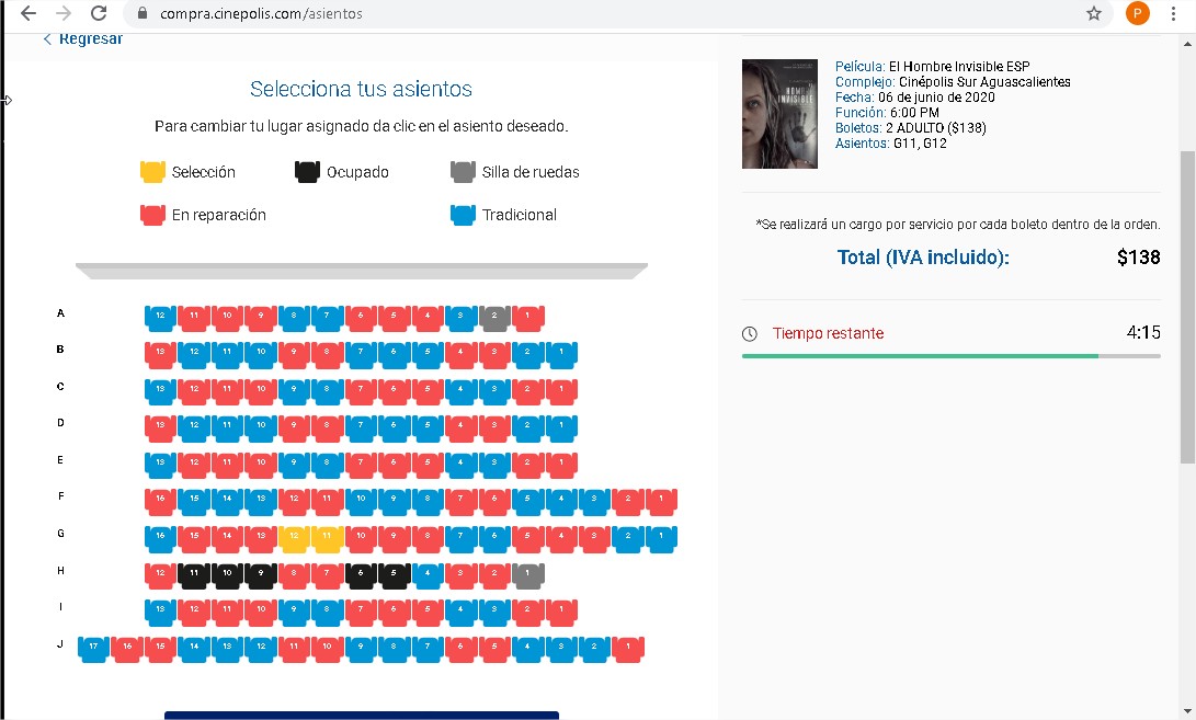 Así se ven las salas con sana distancia. Foto cinépolis