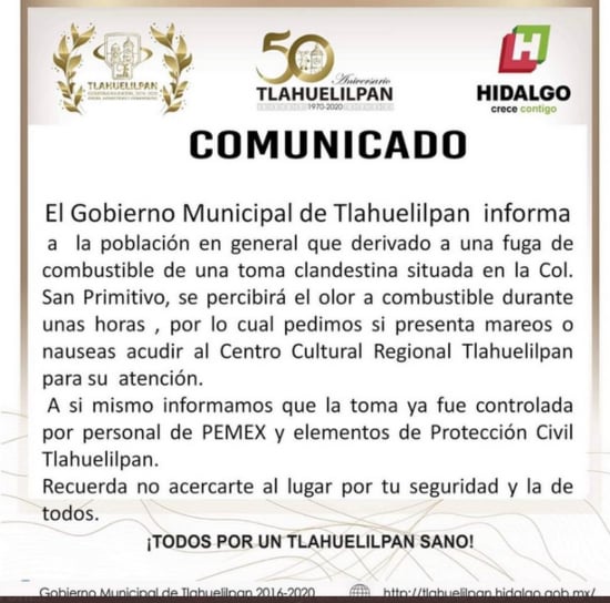 Comunicado emitido por el municipio de Tlahuelilpan. FOTO: Especial